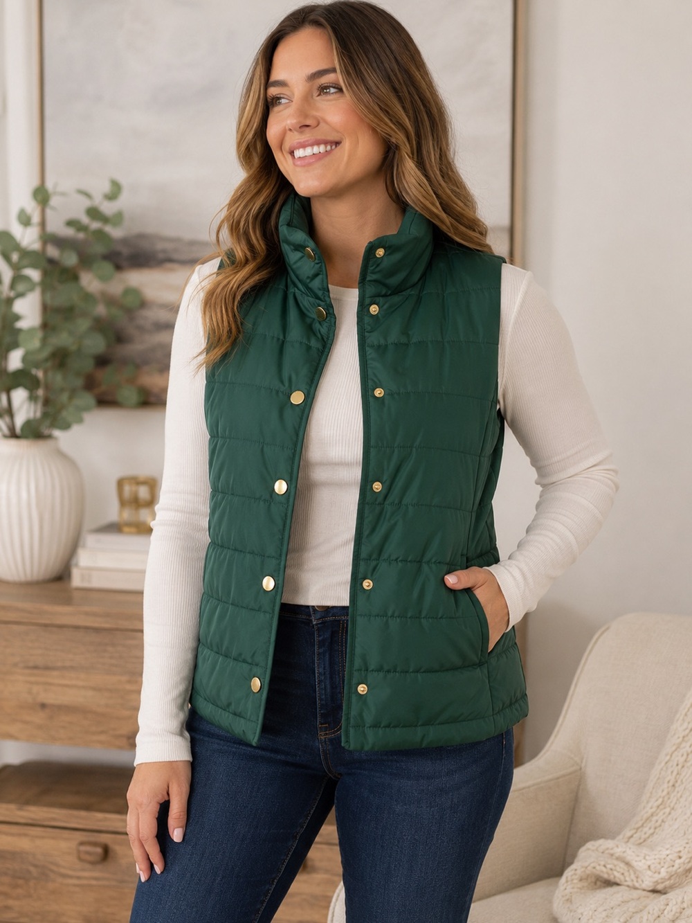 Michael Kors‎ Forest Green Puffer Vest Womens Size Small Snap Front Gold Buttons